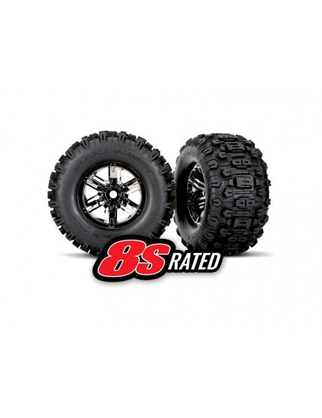 Traxxas Tires & wheels, X-Maxx black chrome wheels, Sledgehammer tires (2)