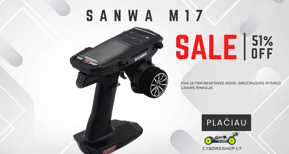 Sanwa M17 – tai pažangiausias **RC valdymo pultas**, išsiskiriantis neprilygstamu greičiu, ergonomika ir moderniausiomis funkcijomis.